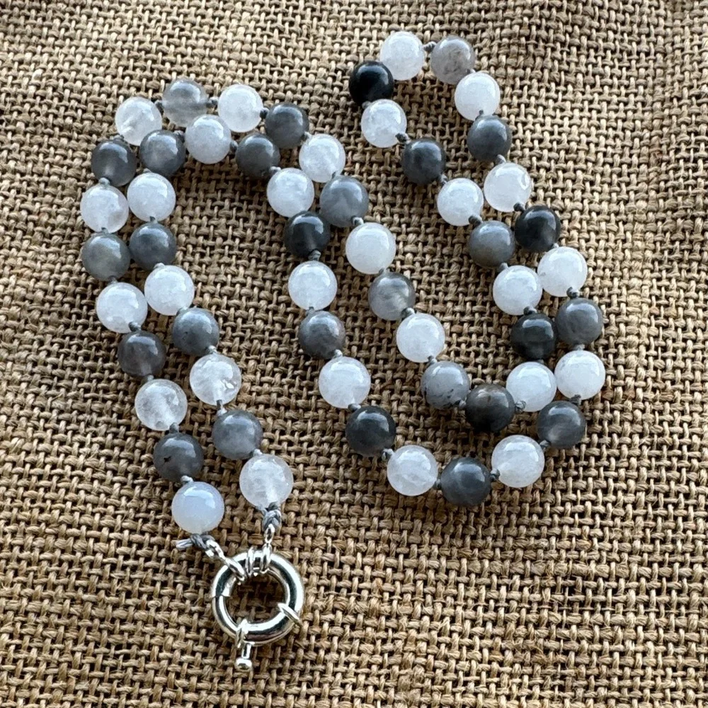 Moonstone & Clear Quarts knotted necklace handmade